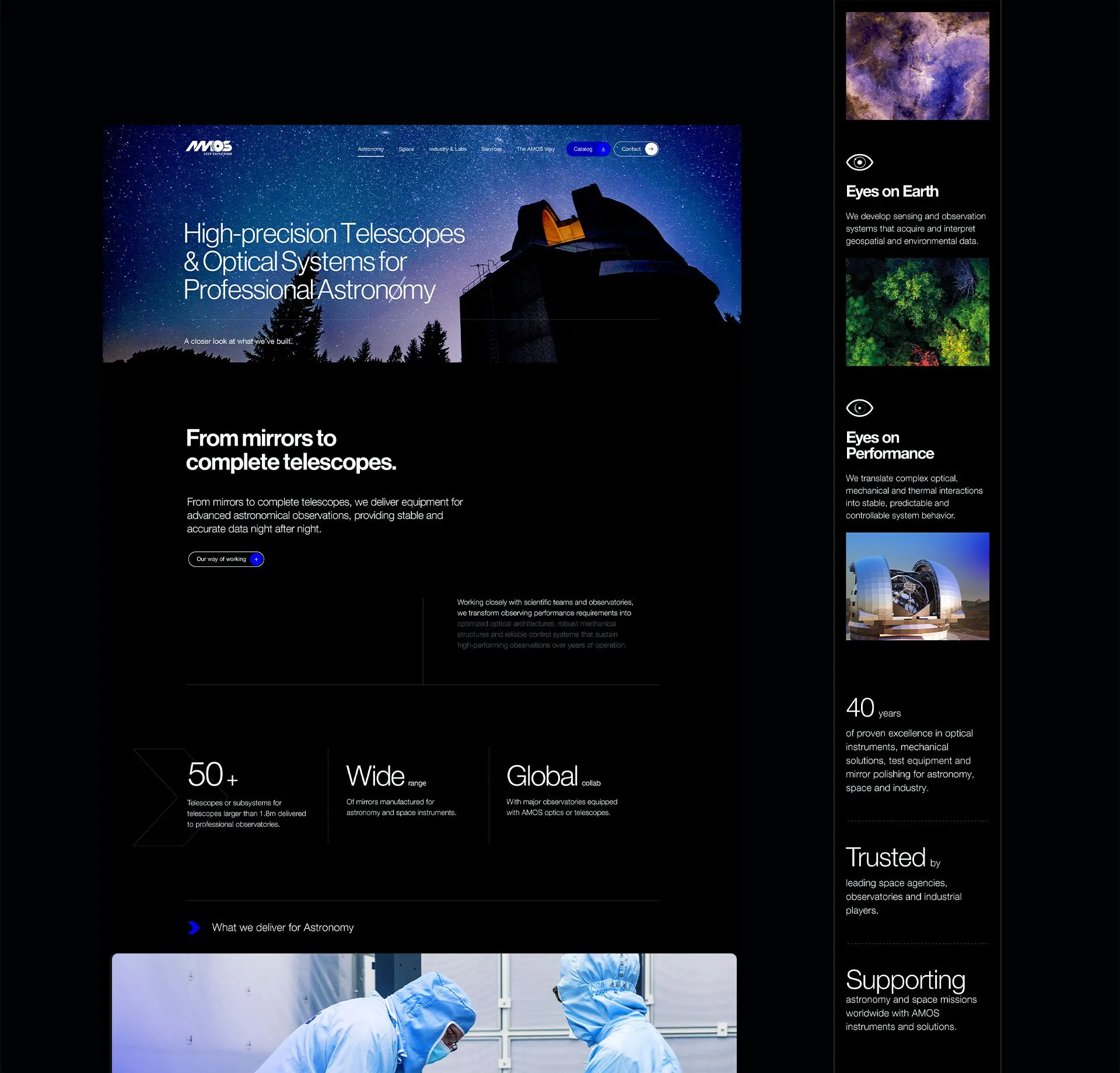 Section « From mirrors to complete telescopes » et chiffres clés d’AMOS