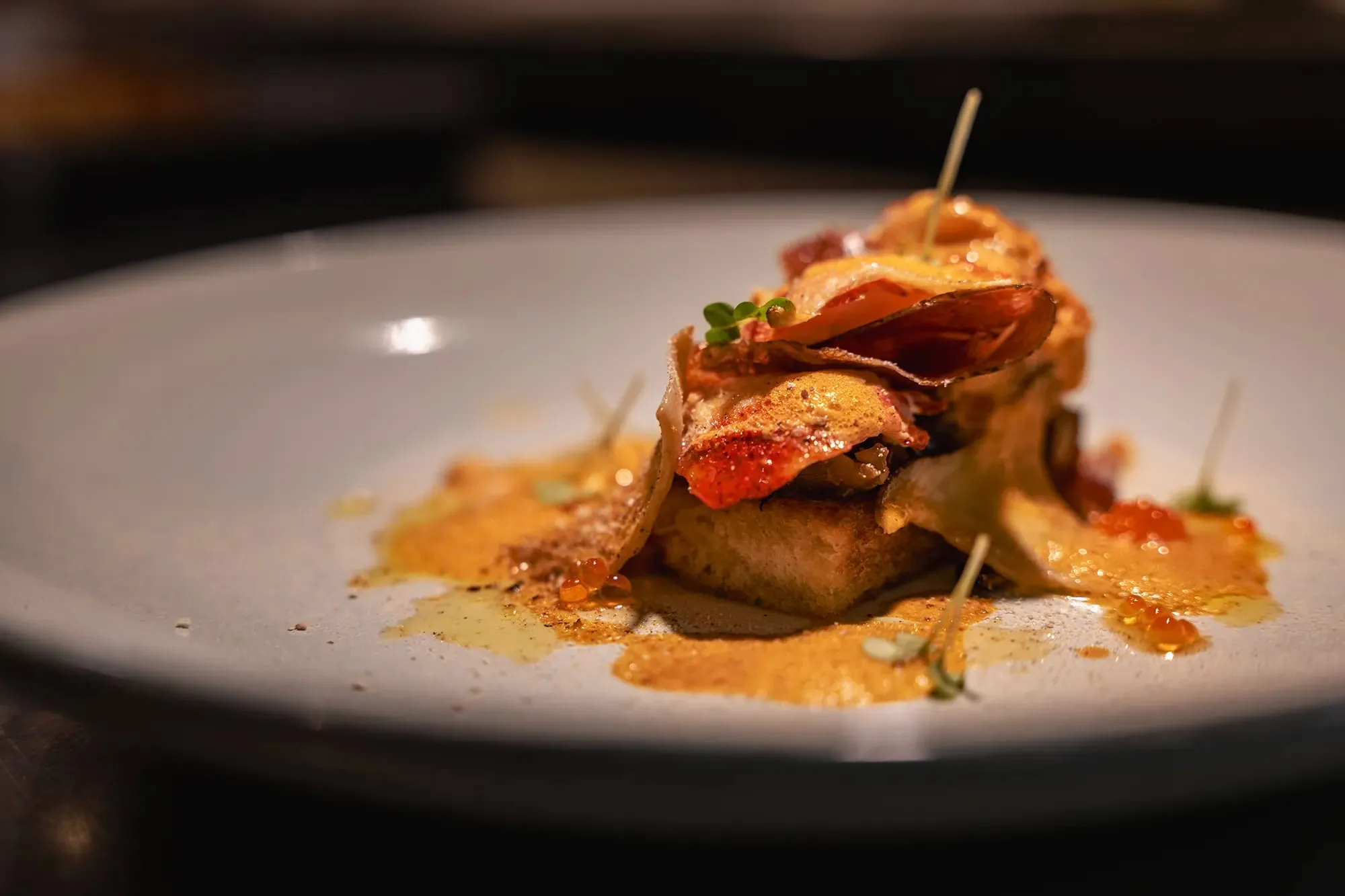Plat gastronomique et sa sauce dans une assiette blanche