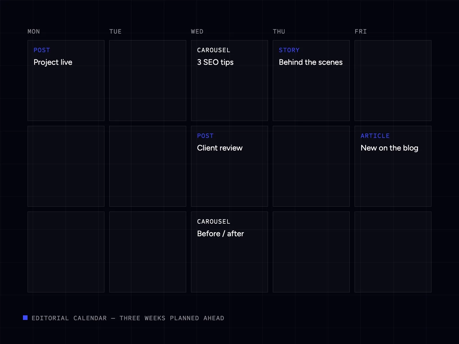 Three-week editorial calendar