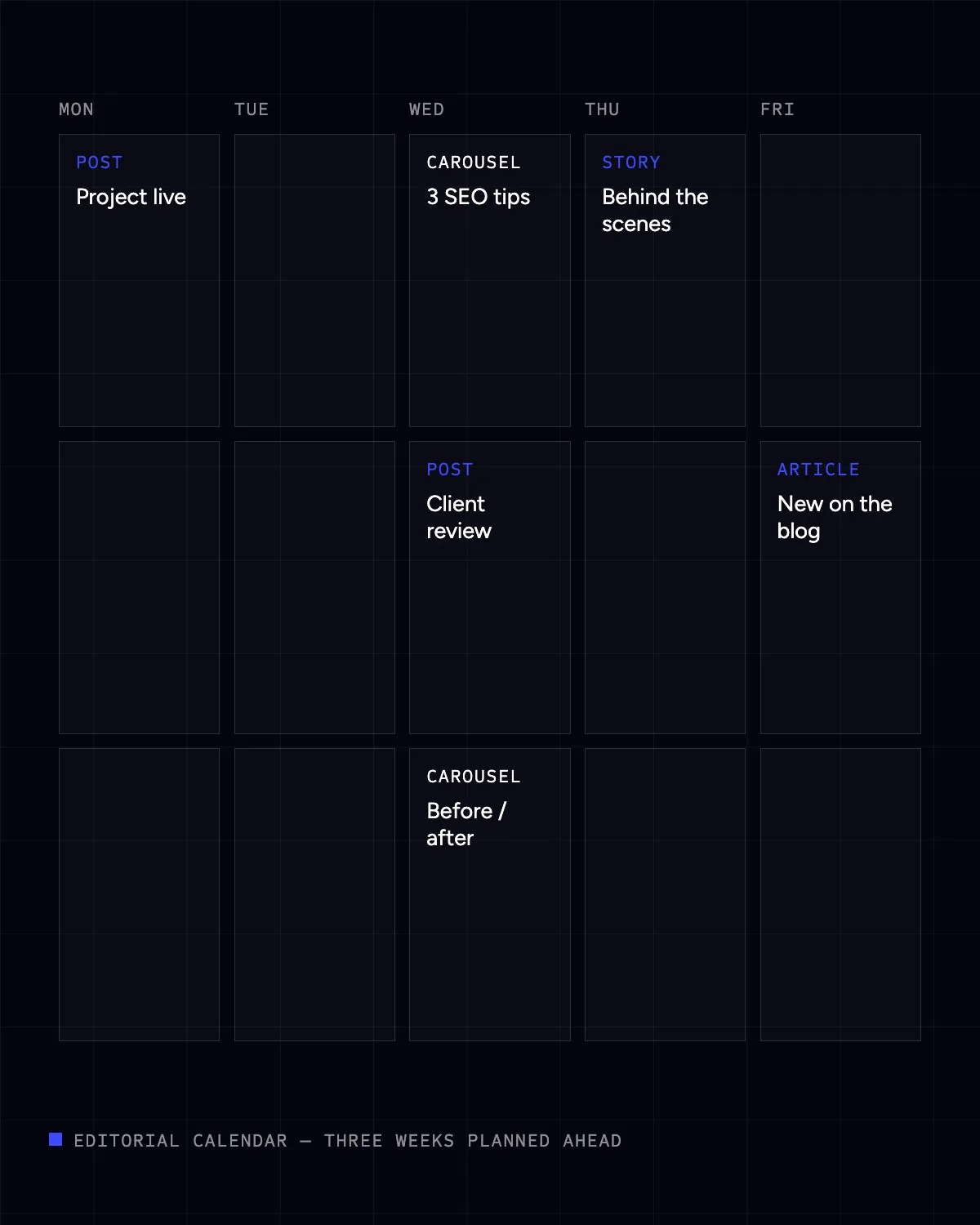 Three-week editorial calendar