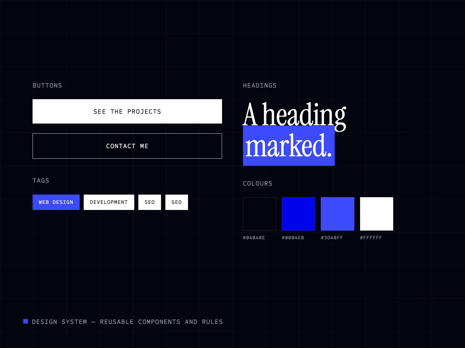 Design system: buttons, tags, headings and colours