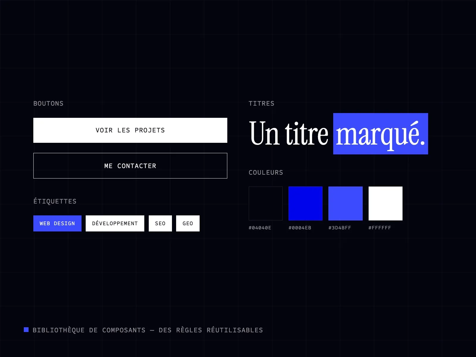 Bibliothèque de composants : boutons, étiquettes, titres et couleurs