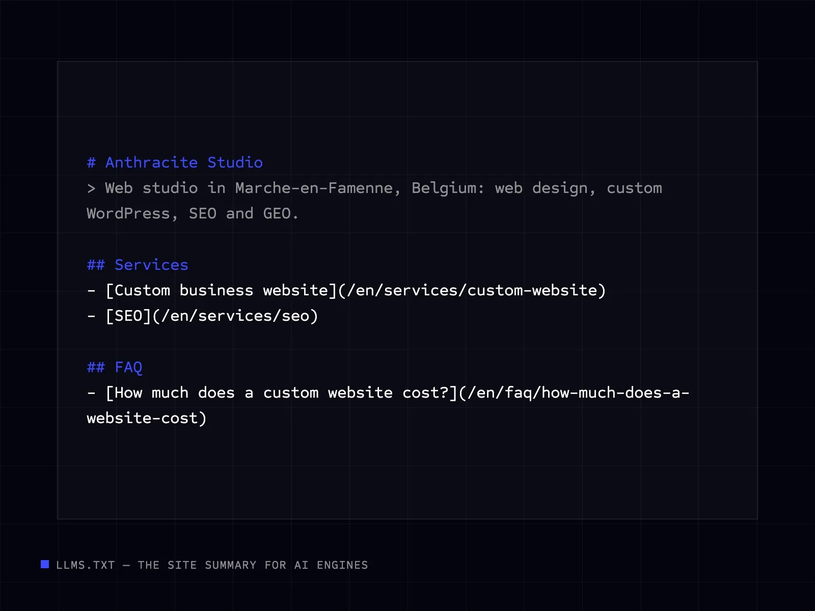 Example llms.txt file summarising a website for AI engines
