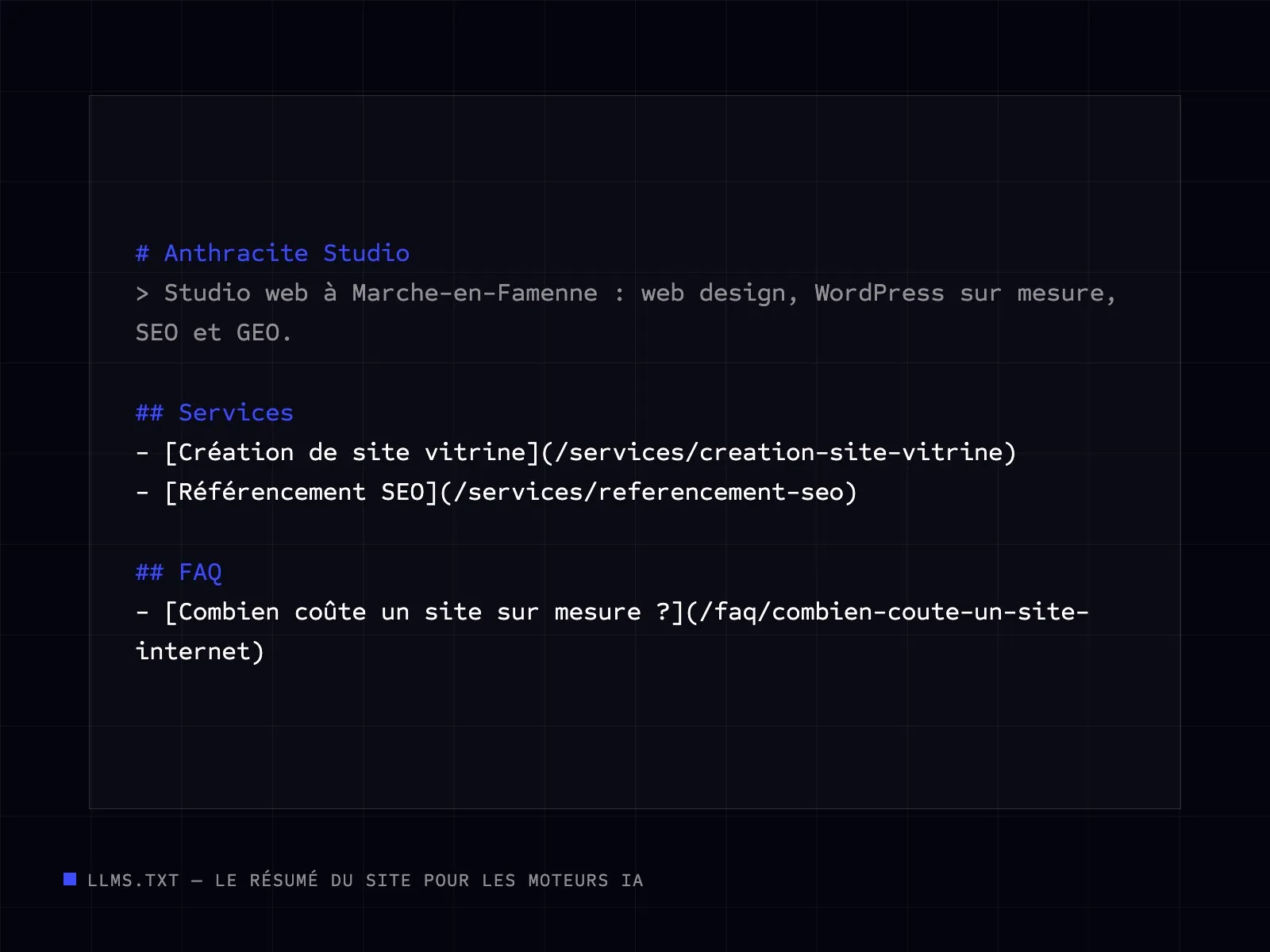 Exemple de fichier llms.txt qui résume un site pour les moteurs IA