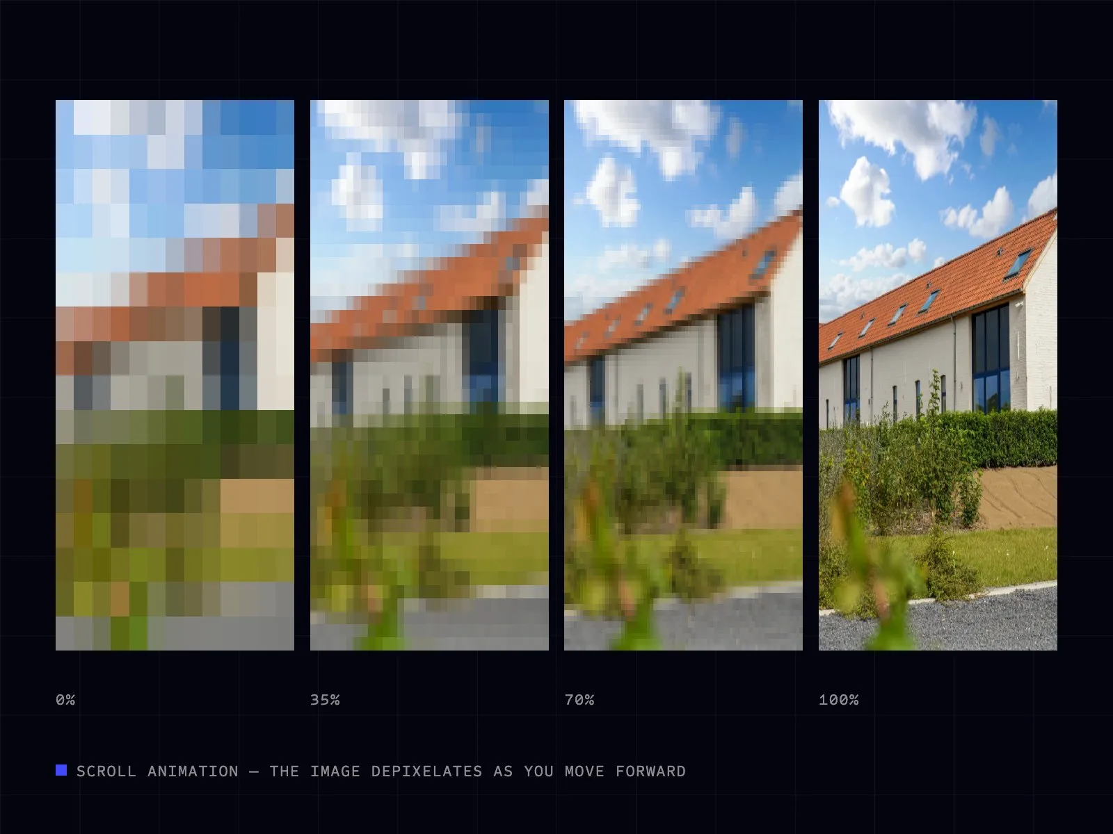 Four stages of an image that depixelates on scroll