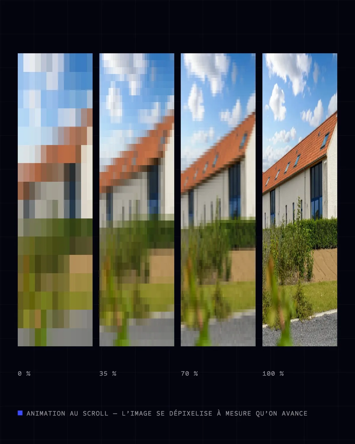Quatre étapes d’une image qui se dépixelise au scroll