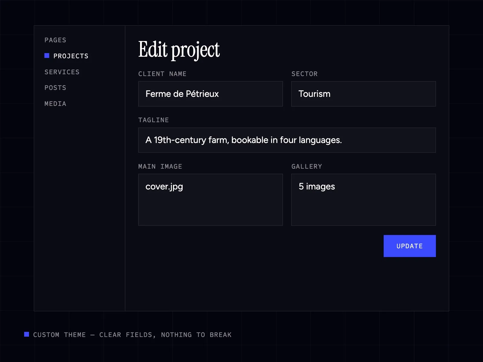 Project editing screen in a custom WordPress back office