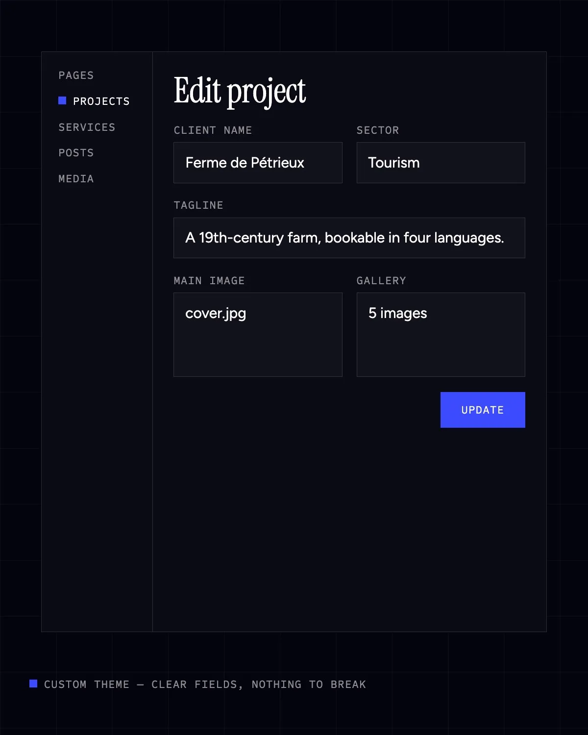 Project editing screen in a custom WordPress back office