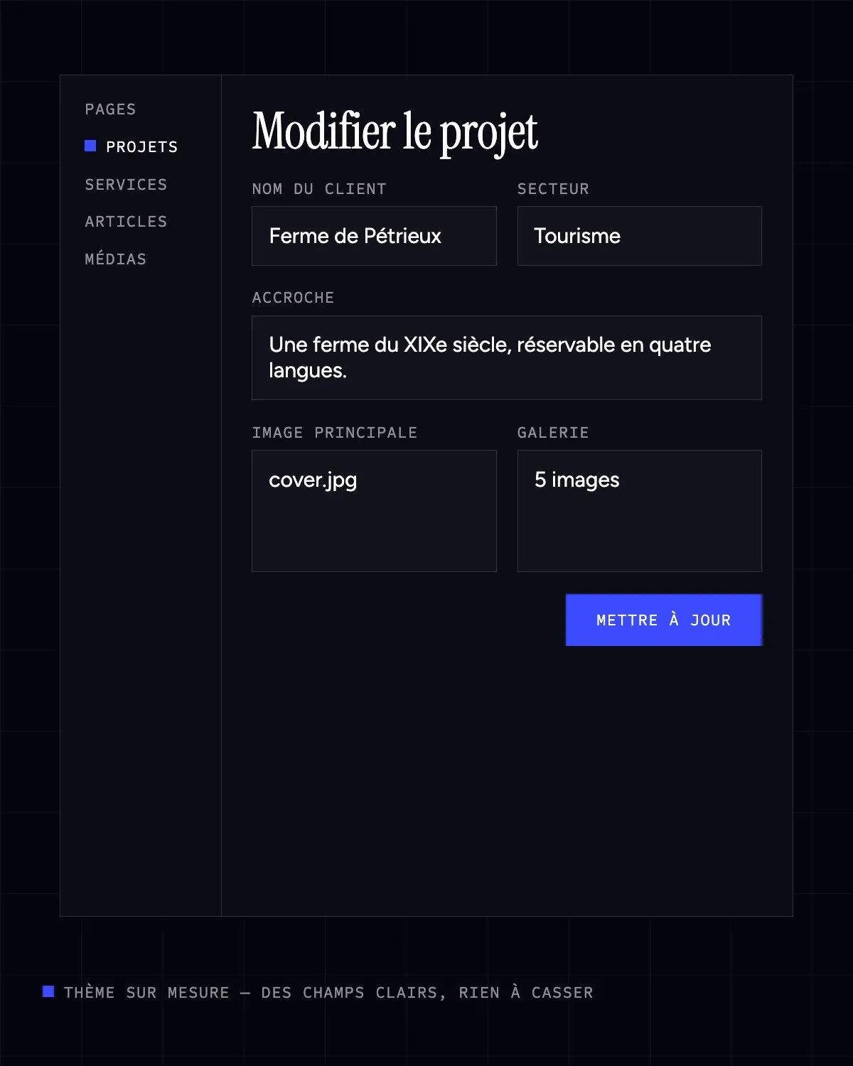 Écran d’édition d’un projet dans un back-office WordPress sur mesure
