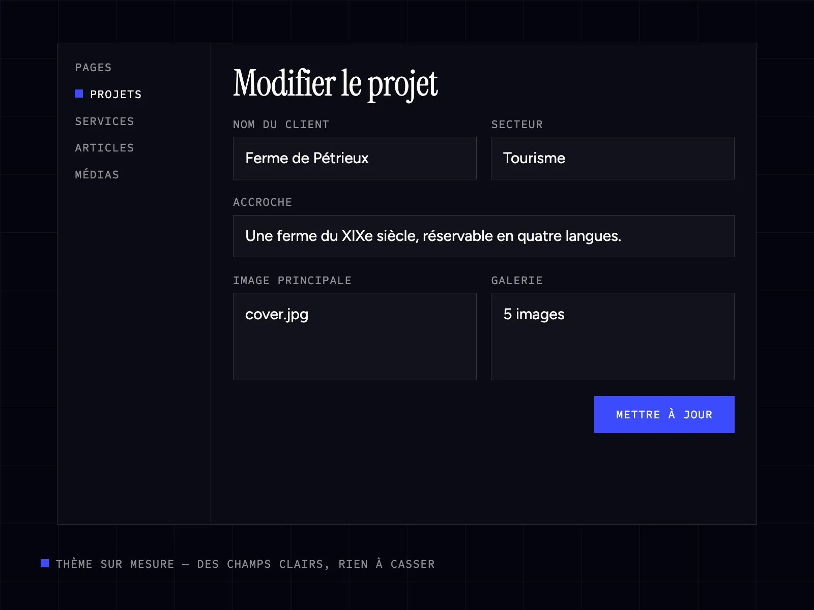 Écran d’édition d’un projet dans un back-office WordPress sur mesure