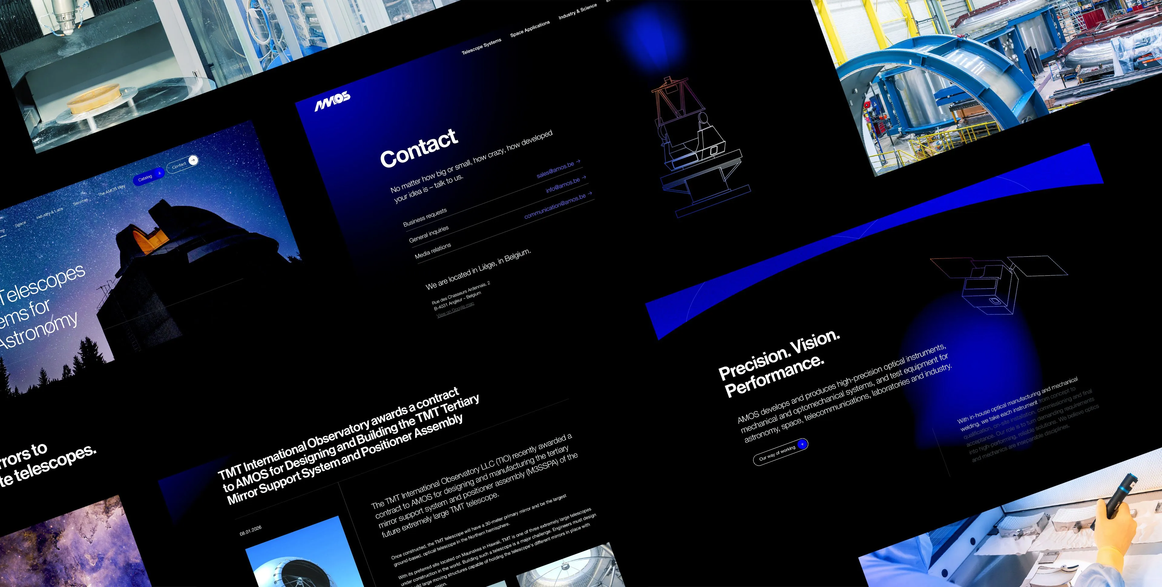 Pages du site AMOS sur ordinateur : télescopes, contact, « Precision. Vision. Performance. »