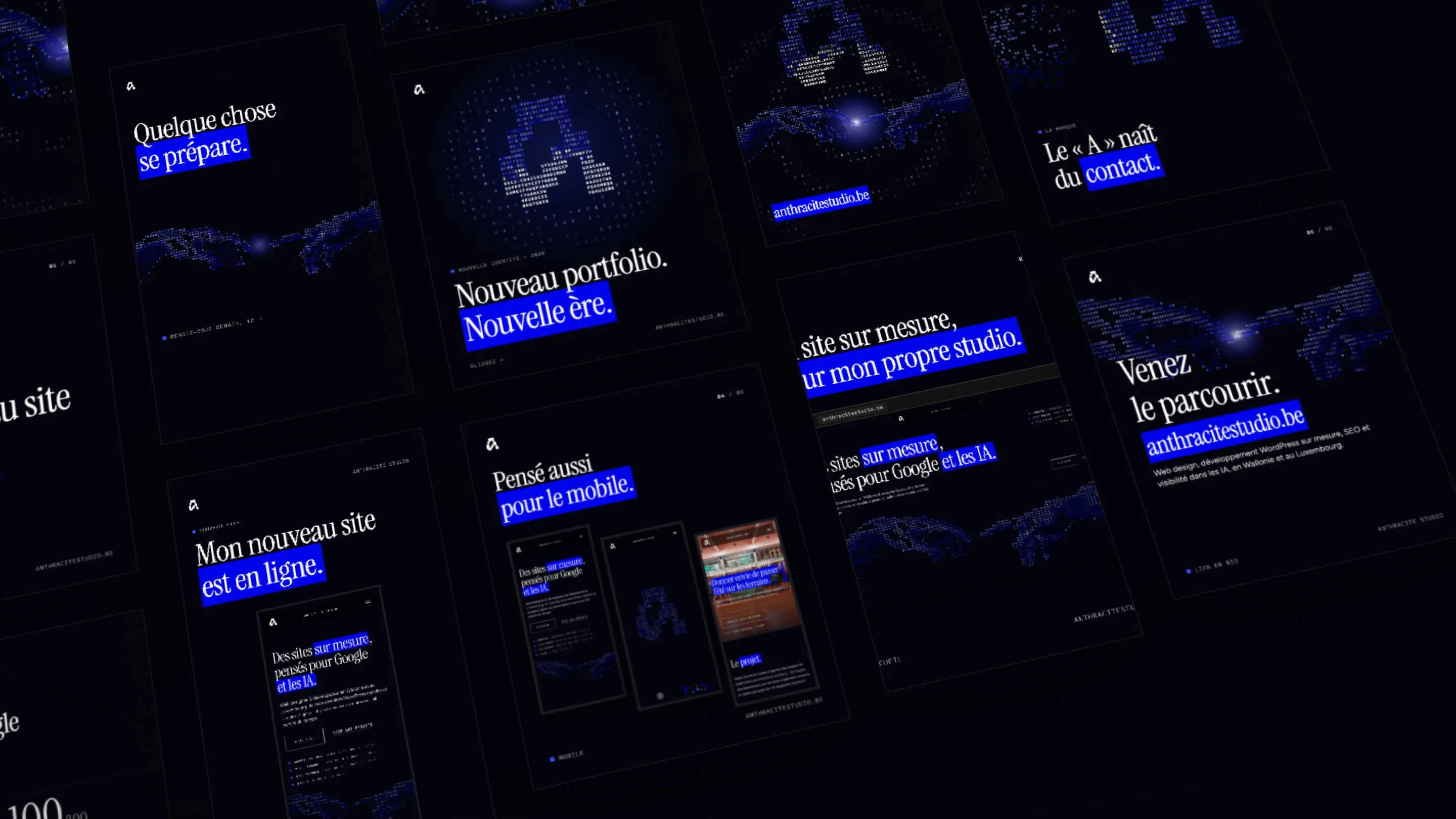 Visuels de la campagne de lancement d’Anthracite Studio : carrousels, stories et teasers