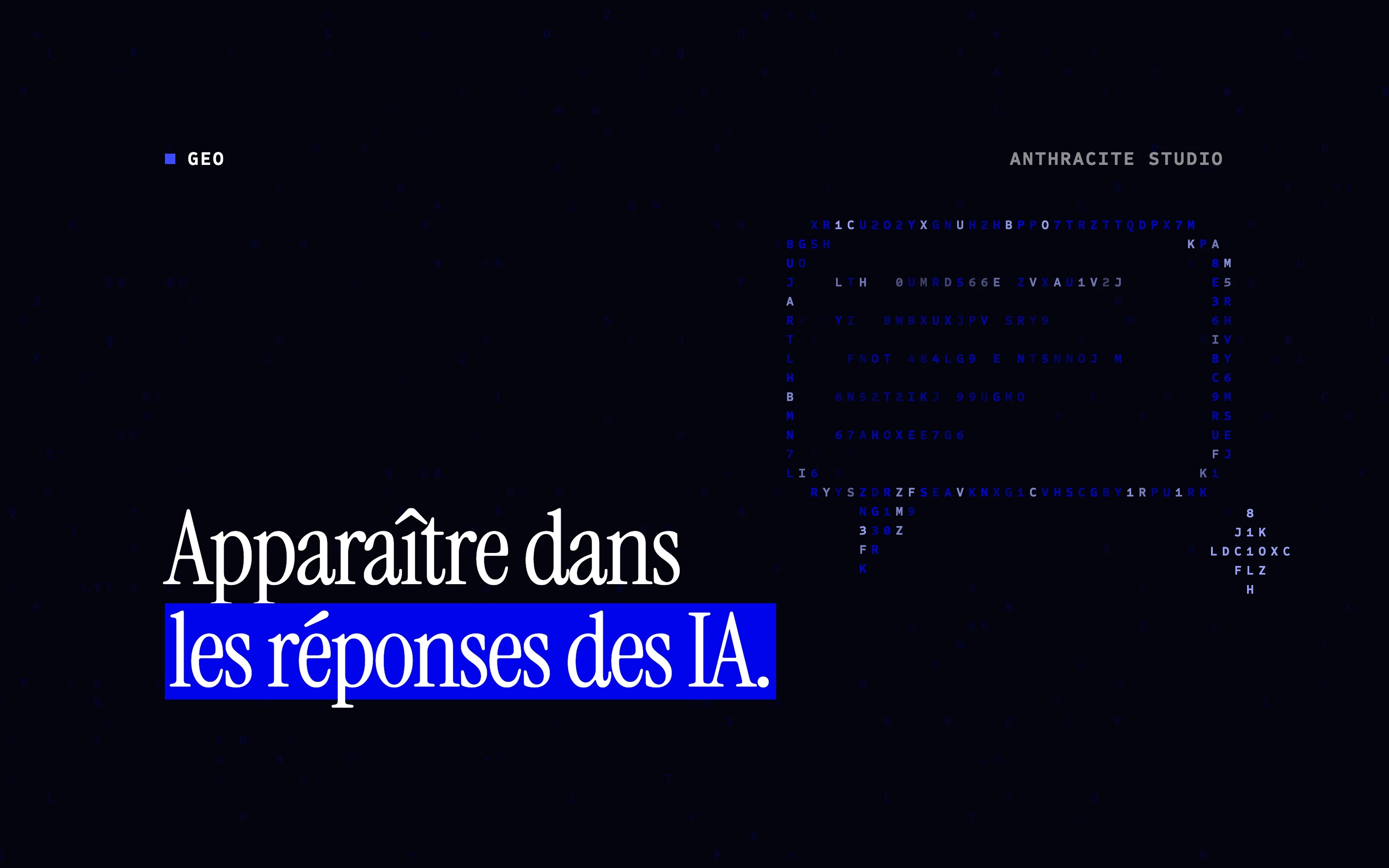 Titre de l’article sur fond sombre, entouré de caractères bleus