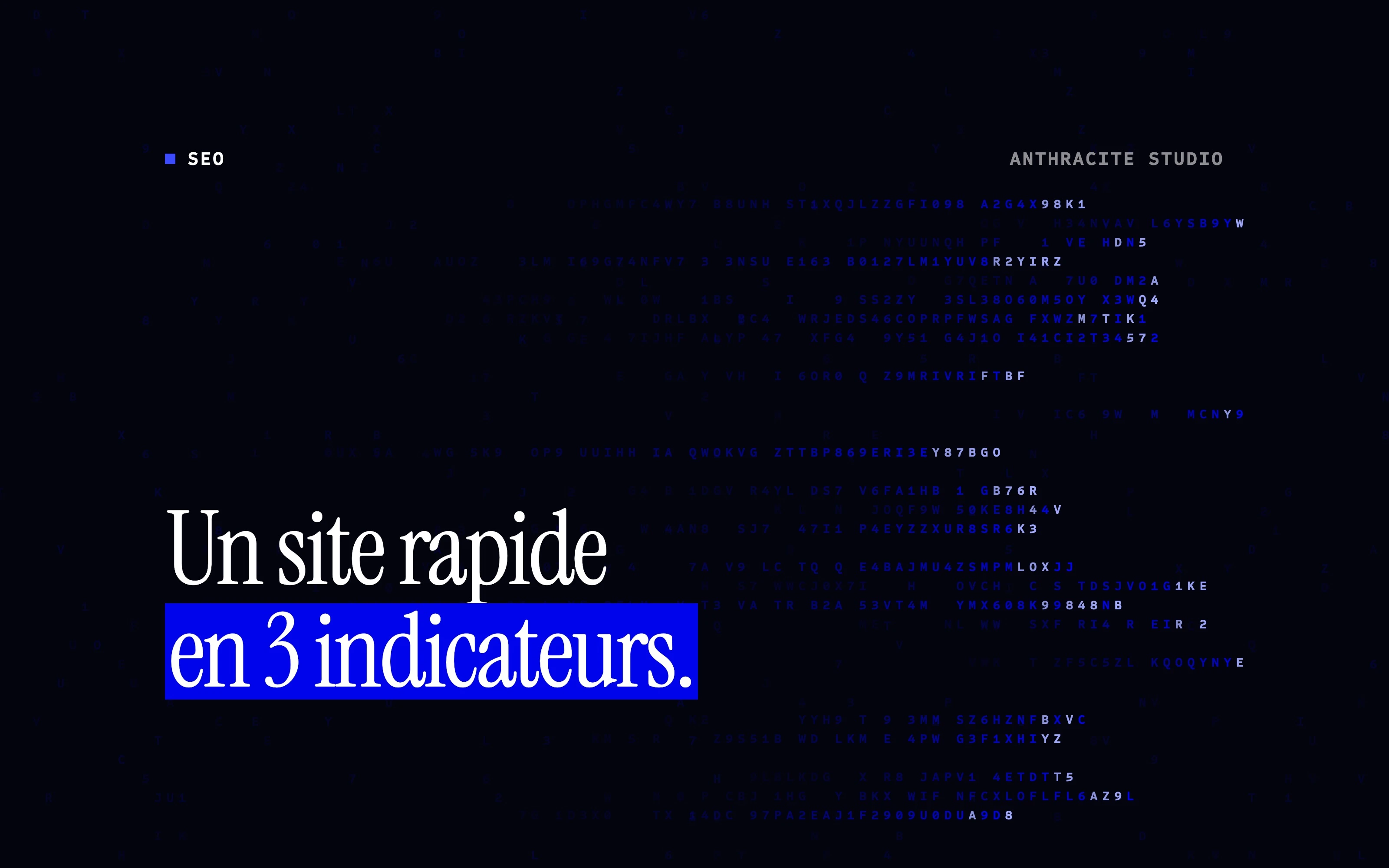 Titre de l’article sur fond sombre, entouré de caractères bleus